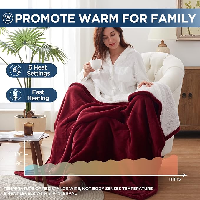 Westinghouse Heated Throw Blanket, Electric Blanket Throw with 6 Heating Levels and 2-10 Hours Time Settings, Flannel to Sherpa Super Cozy Heated Blanket Machine Washable, 50x60 inch, Red