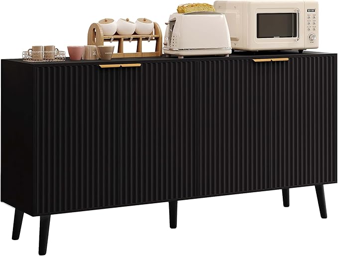 JASIWAY Sideboard Buffet Cabinet with Storage, 55" Sideboard with 4 Fluted Doors Scandinavian Wood Coffee Bar Cabinet Credenza for Living Room, Kitchen, Black