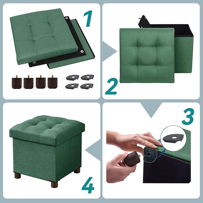 BRIAN & DANY Small Ottoman with Storage, Small Storage Ottoman, Folding Foot Stool with Wood Legs for Living Room and Bedroom Linen Rest Seat, 12.6"x12.6"x12.8" - Dark Green