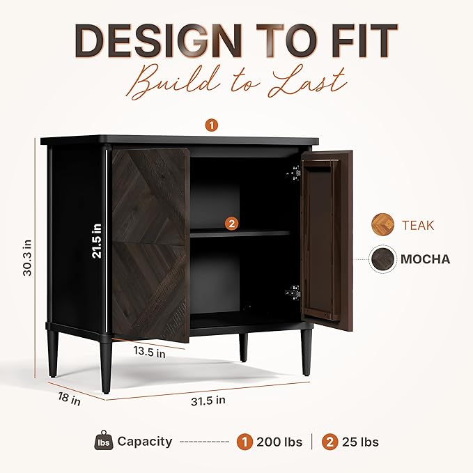 Lenia Solid Wood Storage Cabinet with Diamond Pattern Doors, Rustic Farmhouse Accent Cabinet for Living Room, or Entryway, Durable Acacia Wood, Mocha Black