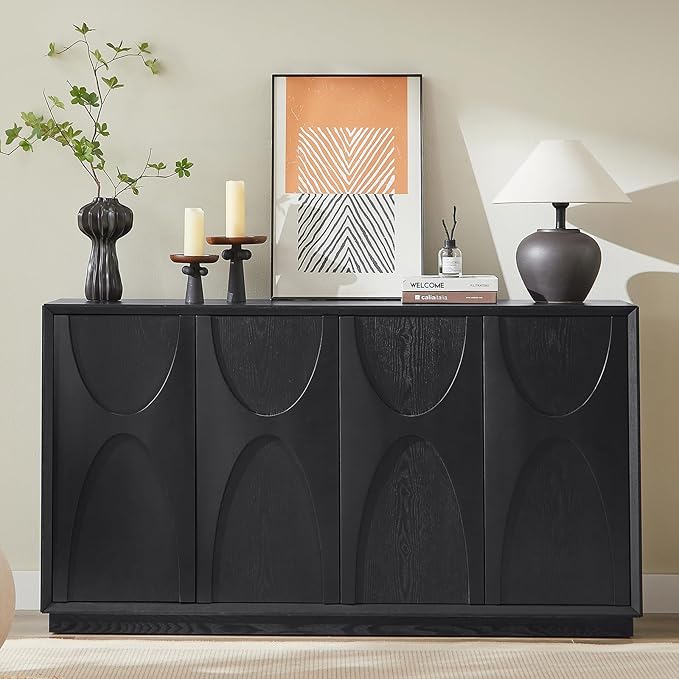 LKTART 59" Sideboard Buffet Cabinet Retro Accent Storage Cabinet with Magnetic Door Latches Adjustable Shelf for Living Room Kitchen(Black)