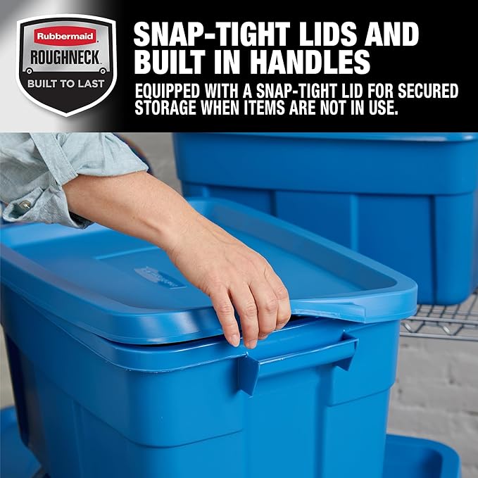 Rubbermaid Roughneck Tote 14 Gal, 6 Pack, Made in USA, Heritage Blue, Rugged Plastic Stackable Storage Bins with Lids and Handles