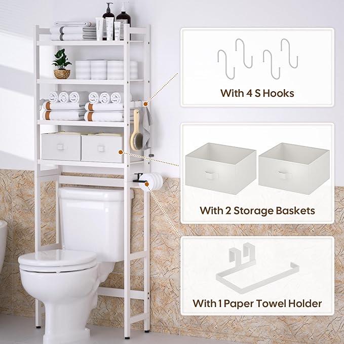Over The Toilet Storage with 2 Baskets, 4-Tier Bamboo Organizer Rack with Paper Holder & 4 Hooks & Waterproof Feet Pad,Freestanding Shelf for Bathroom(White)