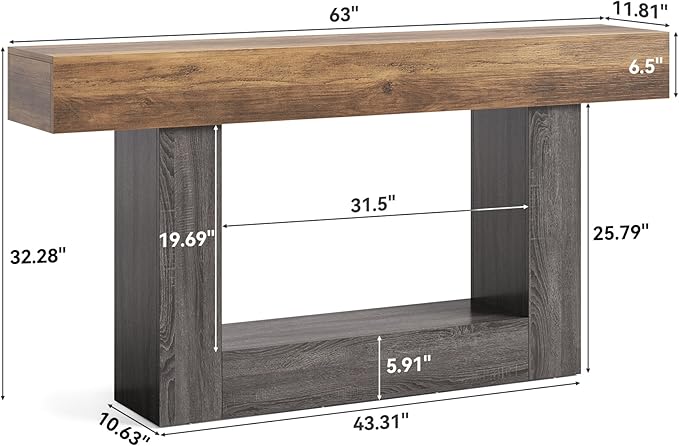 LITTLE TREE 63 Inches Long Console Table, 2-Tier Farmhouse Sofa Table Behind Couch, Large Narrow Entryway Table for Living Room, Wooden Hallway Foyer Table with Heavy Duty Base, Rustic Brown and Grey