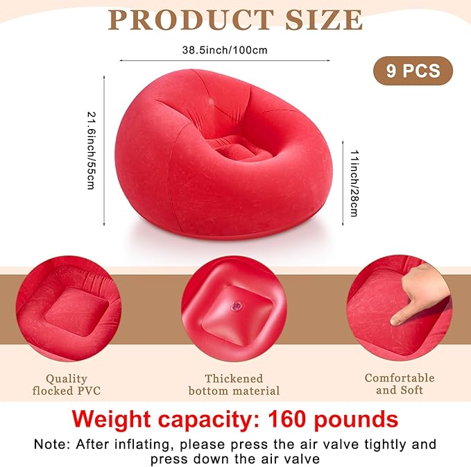 Realspring 9 Pcs Bean Bag Chairs for Adults Inflatable Chairs with Electric Air Pump,Blow up Couch Folding Portable Inflatable Couch Lazy Sofa for Reading Living Room Camping (Red)