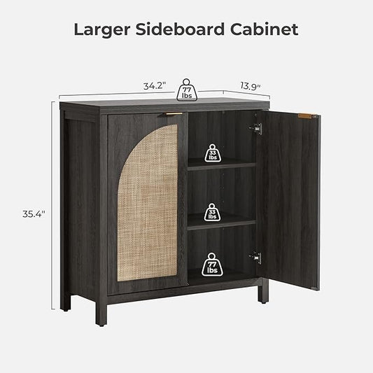 SICOTAS Rattan Sideboard Buffet Cabinet with Storage, Modern Credenza Storage Cabinet with Arch Doors & Adjustable Shelves, Coffee Bar Media Console Cabinets for Kitchen, Living Room, Black Oak