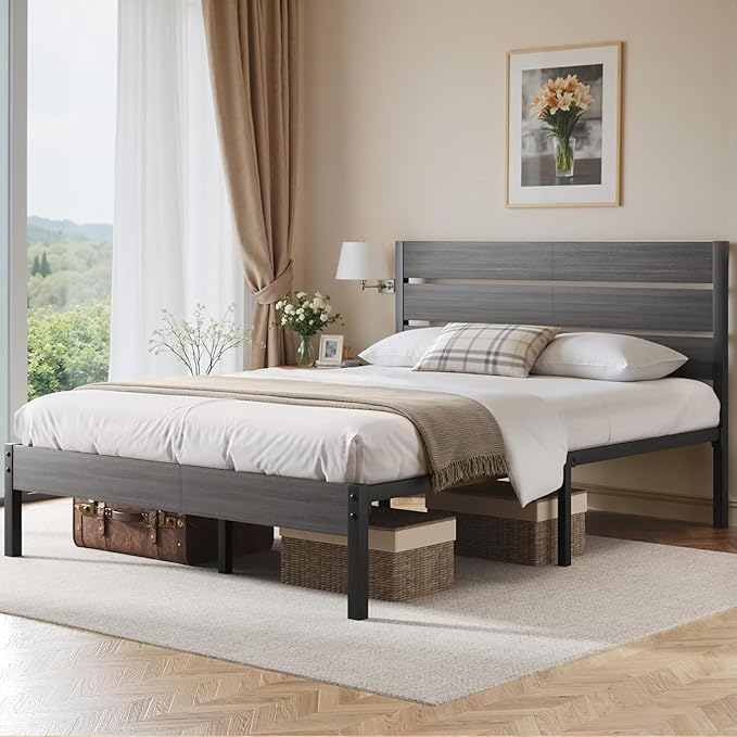 Queen Bed Frame with Headboard and Footboard, Metal Platform Bed Frame with Under Bed Storage, All-Metal Support System, No Box Spring Needed, Easy Assembly,Vintage Grey
