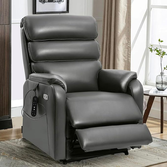 EONIX Wide Lay Flat Power Lift Recliner Chair for Elderly, Heavy Duty Oversized Breathable Faux Leather Lift Chairs Recliner Sofa with Heat and Massage and Charging Ports, Grey