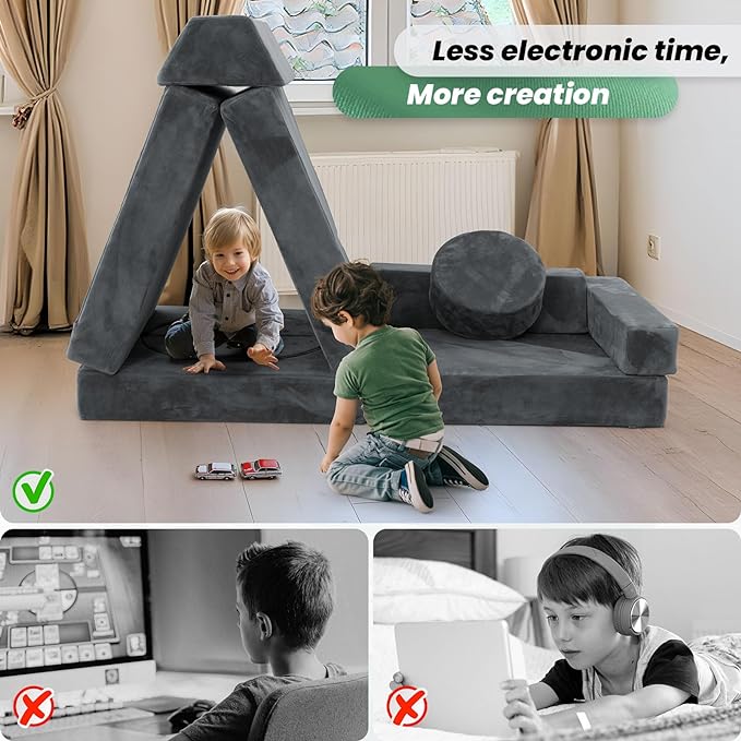 HOMFINE 16pcs Modular Kids Play Couch, Kids Toddler Couch, Child Sectional Sofa, Versatile Kid Sofa for Playroom Bedroom, Convertible Foam and Floor Cushion for Boys and Girls, Grey