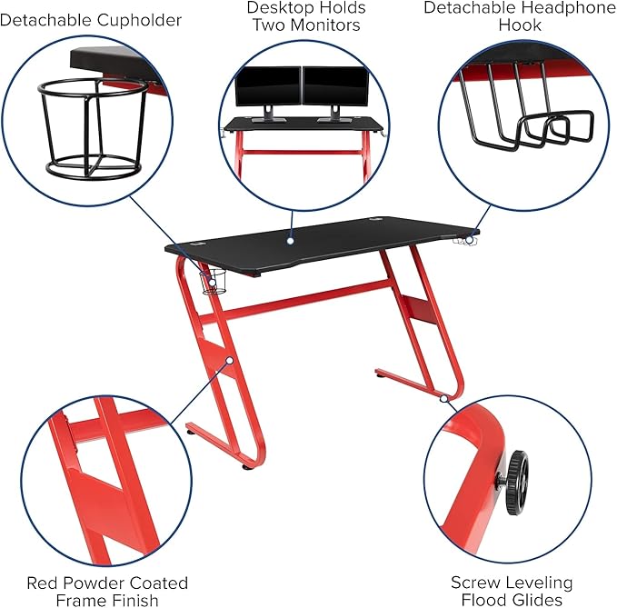 Flash Furniture Fisher Red Gaming Ergonomic Desk with Cup Holder and Headphone Hook