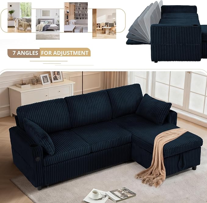 84" Corduroy Pull Out Sofa Bed w/Adjustable Backrests, Sectional L-Shape Sleeper Sofa w/Storage Chaise, Convertible Couch Bed w/USB Charging Port & Cup Holders for Living Room, House, Blue
