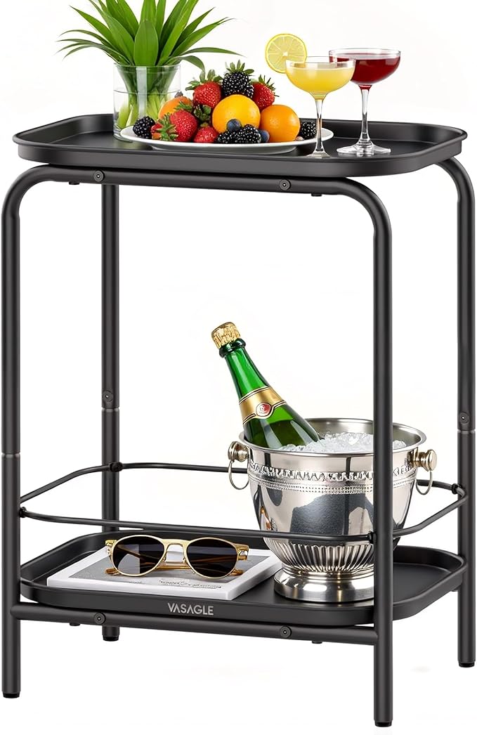 VASAGLE 2-Tier Outdoor Table, Small Side End Table with Tray Storage, Bedside Nightstand for Living Room, Bedroom, Modern Style, Ink Black ULET243B01