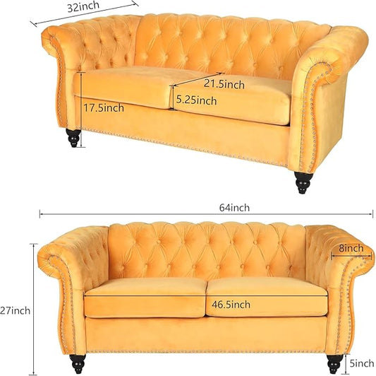 Chesterfield Loveseat Sofa, Modern Velvet Small Sofa Couch 2 Seater with Rolled Arms and Nailhead, Mid Century Modern Loveseat Couch for Small Spaces Living Room Bedroom Apartment, Yellow
