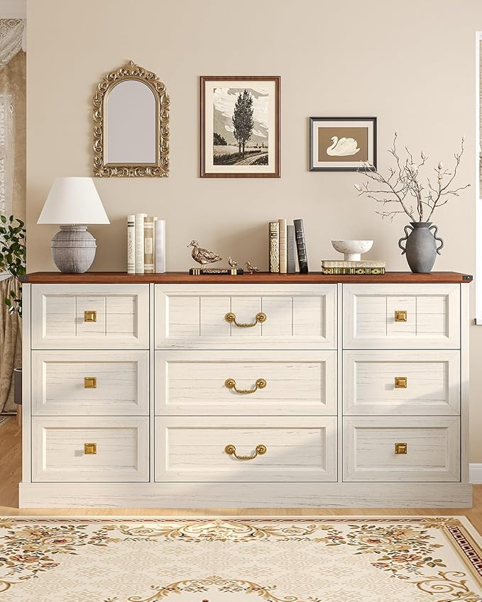 AOGLLATI Farmhouse 9 Drawers Dresser for Bedroom, 63" Wide Wood Rustic Chest of Drawers with Natural Texture, Vintage Design, Long Wide Storage Dresser for Bedroom, Antique White