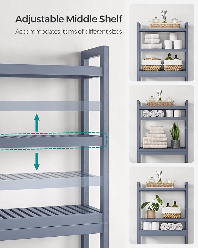SONGMICS Over The Toilet Storage, 3-Tier Over Toilet Bathroom Organizer with Adjustable Shelf, 10.2 x 24.8 x 66.9 Inches, Space-Saving, Gray UBTS001G01