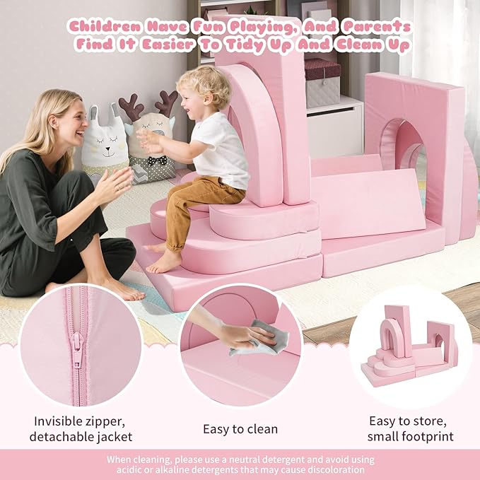 12 Pcs Modular Kids Play Couch, Toddler Couches That Fold Out, Plush Foam Chair for Children’s Playroom, Velvet Fabric Convertible Foam and Floor Cushion for Boys and Girls (Pink,07)