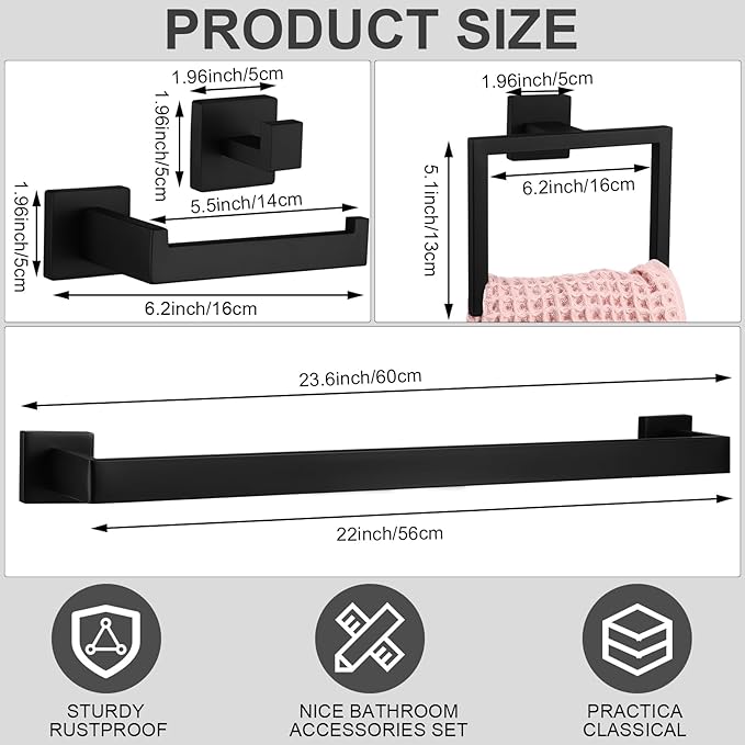 Gisafai 10 Pcs Bathroom Hardware Accessories Set 23.6 Inch Bath Towel Bar Kit Stainless Steel Bathroom Hardware Set Towel Racks Ring Hooks Paper Holder for Wall Mounted (Black)