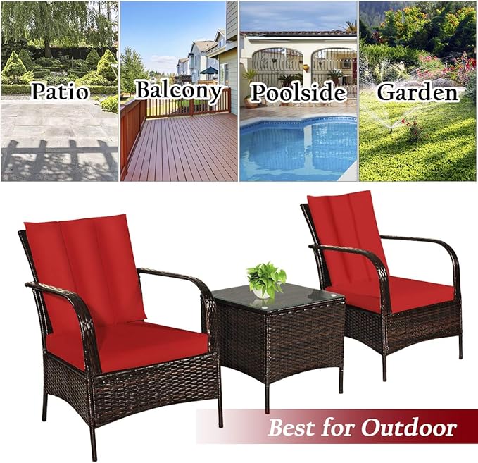 COSTWAY 3 Pieces Patio Rattan Furniture Set, Outdoor Conversation Chair Set with Coffee Table & 2 Cushions for Backyard, Porch, Poolside, Lawn, Garden, Red