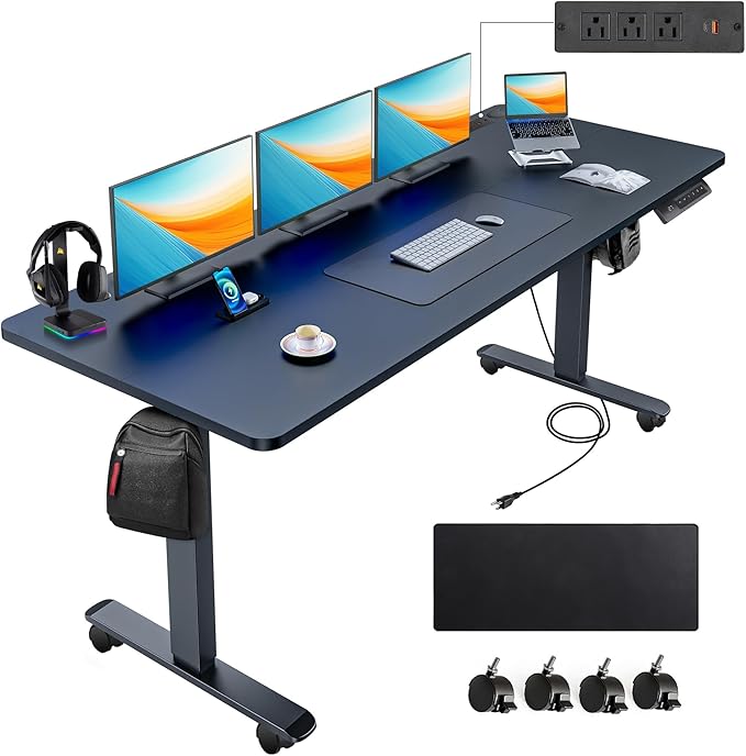 farexon arexon Electric Standing Desk 63 x 24In with Charging Station, Rolling Stand up Desk with Oversized Mouse Pad, 2 USB Ports & 3 Power Outlets, 4 Casters, 4 Preset Heights Easy to Set(Black