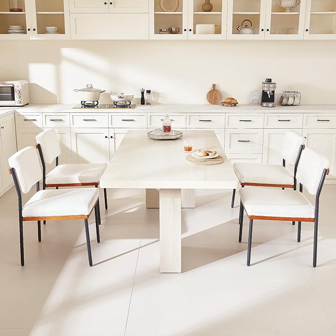 Modern Dining Chairs Set of 2,Kitchen Chairs with Thick Cushions and Adjustable Foot Pads, Upholstered Fabric Dining Room Chairs with Sturdy Metal Legs,White