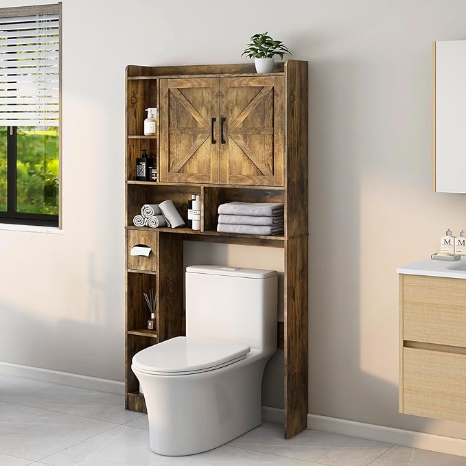 Vabches Over The Toilet Storage Cabinet, Farmhouse Storage Cabinet Over Toilet with 2 Barn Doors & Toilet Paper Holder Stand,Home Space-Saving Toilet Rack, for Bathroom, Restroom, Laundry.