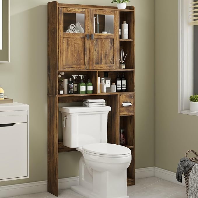 Vabches Over The Toilet Storage Cabinet, Bathroom Shelf Over Toilet with Glass Doors and Adjustable Shelves, Brown Freestanding Home Space Save Toilet Rack, for Restroom, Bathroom, Laundry