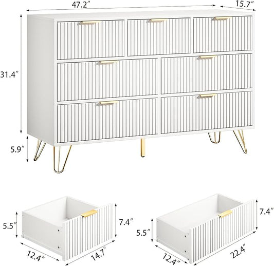 Dresser for Bedroom, Modern Fluted 47.2" Wide Chest of Drawers with Gold Pulls and 7 Drawers, 15.7" D x 47.2" W x 31.4" H, White