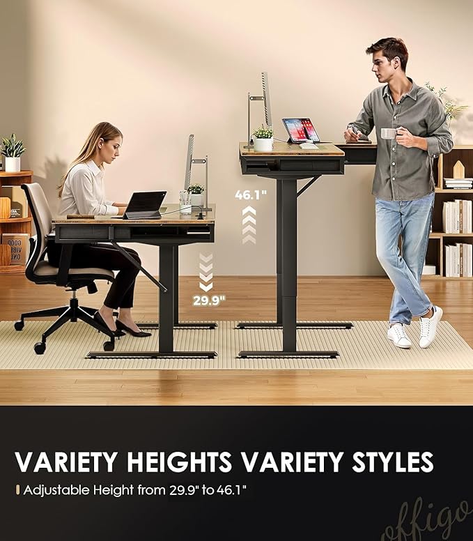 OffiGo 63 Inch L Shaped Electric Standing Desk with Drawers, Height Adjustable Large Desk with Power Outlets, Sit Stand Table, Writing Computer Desk for Home, Office, Workstation, Rustic Brown