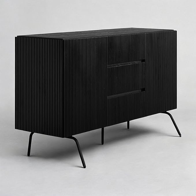 NTC Veil Sideboard with 2 Doors and 3 Drawers, Buffet Cabinet with Vertical Groove Design and Metal Legs, Storage Cabinet for Living Room, and Entryway, Effortless Assembly - Burnt Black