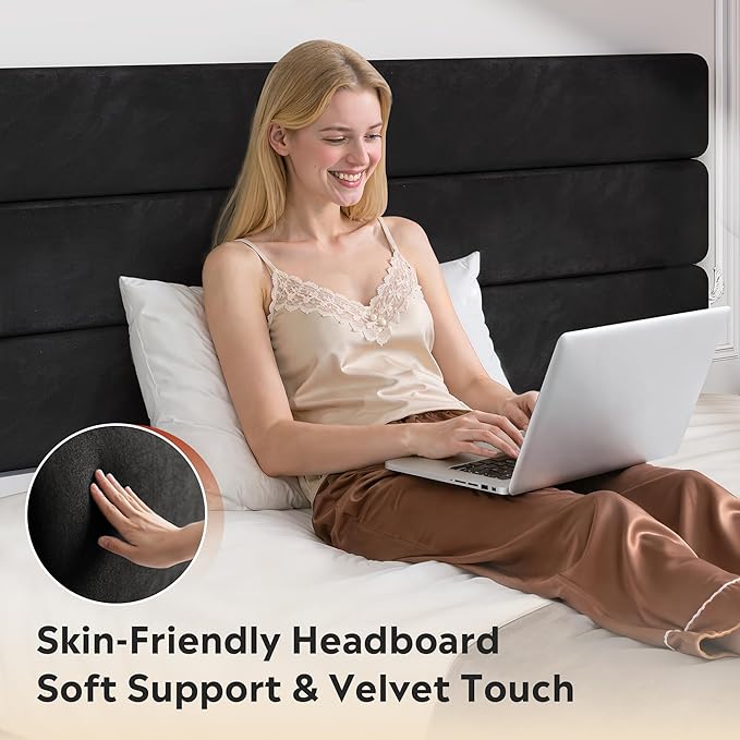 WLIVE Queen Size Upholstered Bed Frame, Velvet Square Tufted Headboard,Sturdy Metal & Wooden Slats Support, No Box Spring Needed, Black