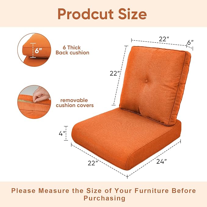 7-Piece Outdoor Patio Cushion Set - Fade & Water Resistant with Removable Olefin Cover, 22x24x4 Inch Memory Foam Cushions for Wicker Sectional Sof - Orange/Buckle