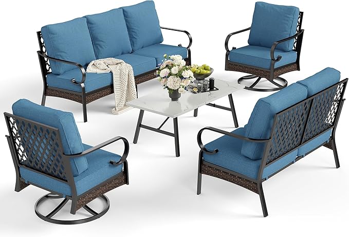 6 Piece Metal Outdoor Patio Furniture Set, Patio Conversation Set with Swivel Chair and 5.75" Thick Cushion & Coffee Tabl, Outdoor Seating Black Frame Backyard Furniture, Denim Blue