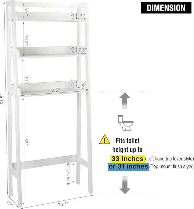 UTEX Over The Toilet Storage Shelf, 3-Tier Over Toilet Bathroom Organizer, Above Toilet Shelves Rack (White)