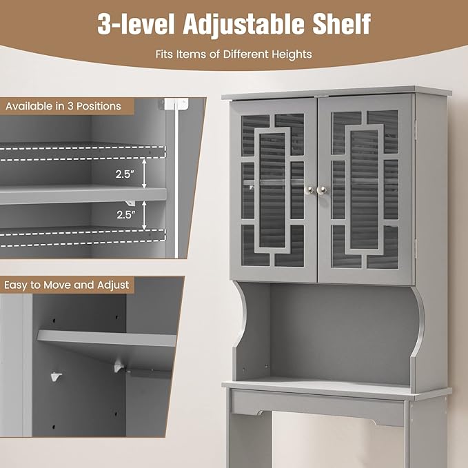 Giantex Over-The-Toilet Storage Space Saver, Bathroom Organizer with Cabinet and Shelf, Above Toilet Standing Rack (Gray)