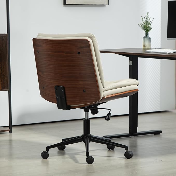 Office Chair, Criss Cross Legged Office Desk Chairs with Wheels, PU Leather Adjustable Swivel Walnut Task Chair with Wide Seat, Ergonomic Mid Back Computer Chair for Meeting Room, Home