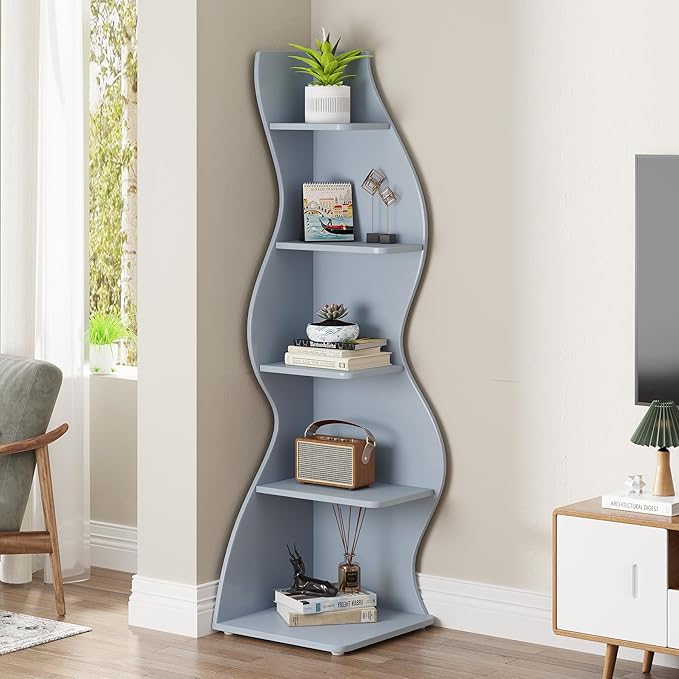 Tribesigns Corner Shelf, Modern 5-Tier Wall Corner Bookshelf, Stylish Corner Small Bookcase Storage Rack Plant Stand with Unique Shape for Living Room, Home Office (Blue, 1PC)