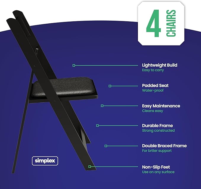 SIMPLEX 4 Black Resin Stackable Folding Chair - Comfortable Black Foldable Chair - Folding Chairs with Padded Seats - Indoor/Outdoor Folding Chairs for Events - Lightweight Foldable Chairs (4 Pack)