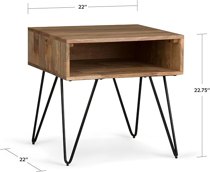 SIMPLIHOME Hunter SOLID MANGO WOOD and Metal 22 inch Wide Square Industrial End Side Table in Natural for the Living Room and Bedroom