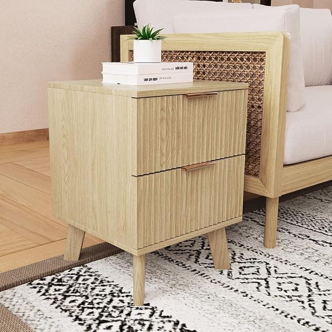 Fluted 2 Drawer Small Dresser for Bedroom, Mid Century Modern Nightstand with Drawers, Low Bedside Table with Drawers, End Table Short Storage, Living Room, Dorm -Natural