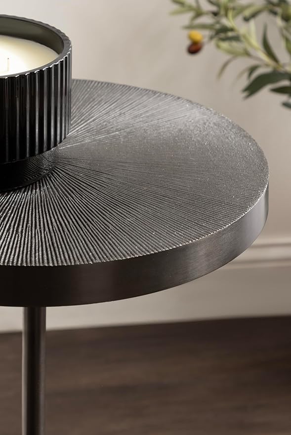 Kate and Laurel Engles Traditional Adjustable-Height Pedestal Side Table, 14 x 14 x 30, Metallic Black, Vintage Round Indoor Metal Plant Stand with Embossed Pattern for Use as Bedroom Nightstand