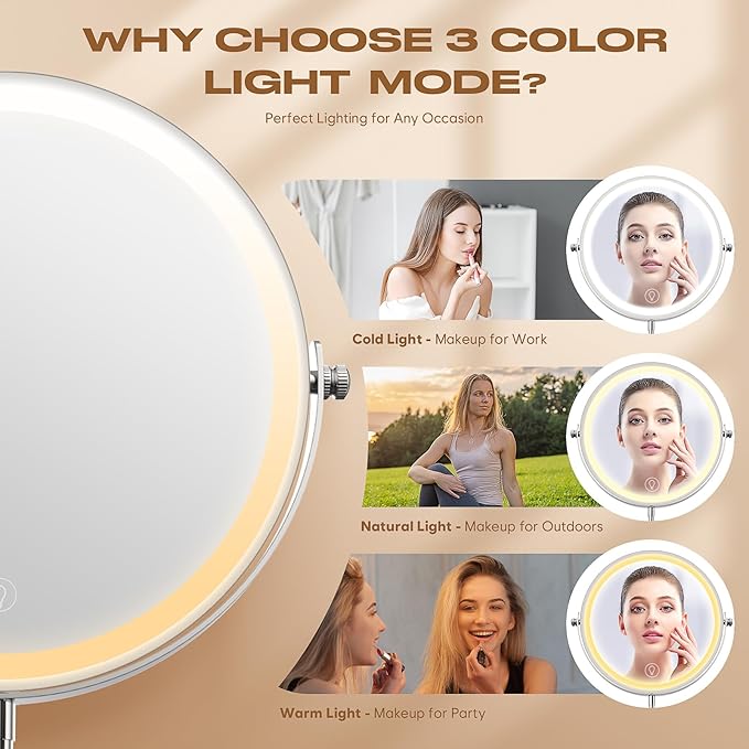 Makeup Mirror with Lights, 1x/20x 360ยฐ Rotation Vanity Mirror, Brightness Adjustable Lighted Makeup Mirror with Magnification, 5000 mAh Rechargeable Double Sided Mirror with 3 Colors, Gift for Women