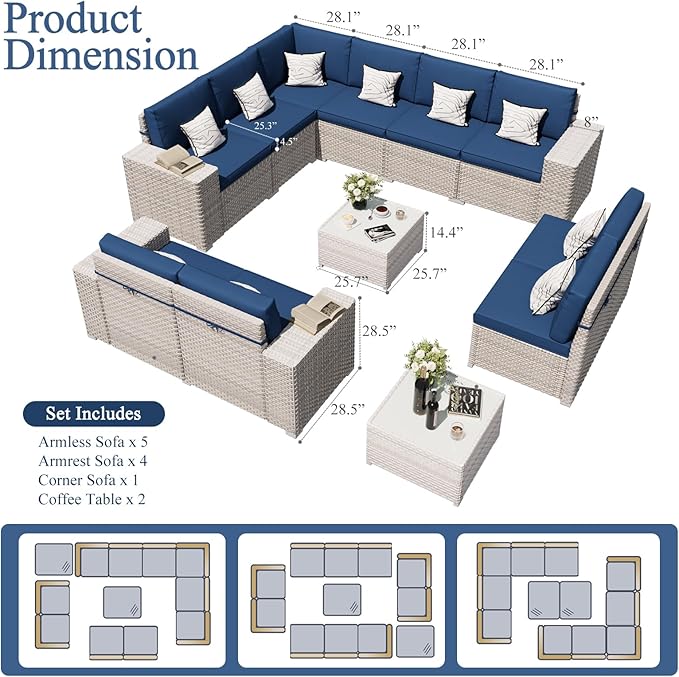 12-Piece Patio Furniture Set, Outdoor Extra Wide Armrest Modular Patio Sofa, Dual-Strand Rattan Wicker, Rust-Resistant Frame, Backyard High Back, Large Seat Furniture for Porch Garden Balcony, Blue