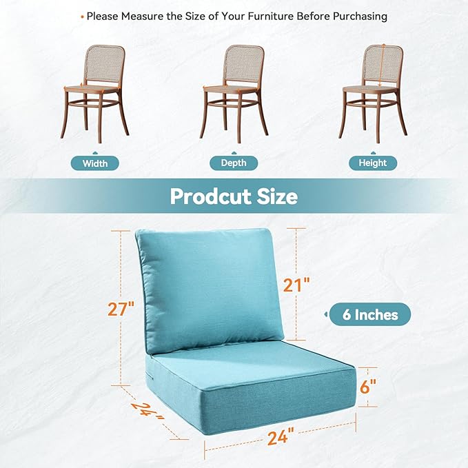 Luxury 6" Outdoor Cushions for Patio Furniture, 24x24x6" Thick Seat Cushion Set of 5, Fade Resistant Couch Chair Replacement Cushions High Density Deep Wicker Chair Cushion w/ Removable Cover, Teal