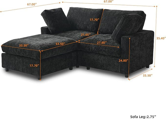 WJShome Sectional Couches for Living Room, 67 Inch Loveseat Sofa with Ottoman, Modern Chenille Fabric & Double Layer Cushions, Modular Couch for Apartment/Bedroom,Black