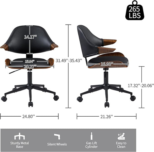 Art Leon Swivel Desk Chair, Mid Century Modern Office Chair with Wheels, Faux Leather Upholstered Arm Chair, Adjustable Height Task Chair with Metal Base, Black