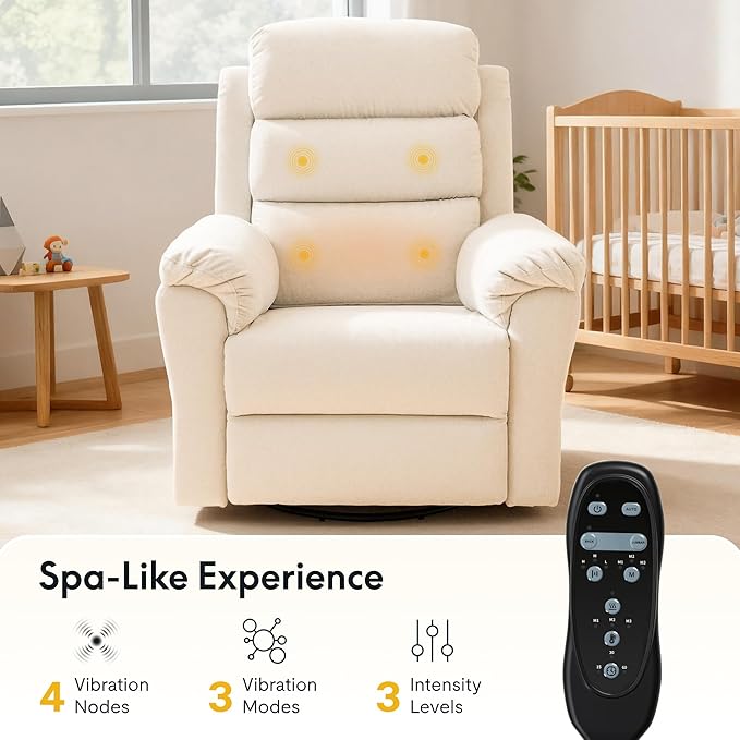 FLEXISPOT XRC6 Nursery Swivel Rocker Recliner with Massage & Heat, Rocking Glider Chair w/ 28" High Back, Comfy Upholstered Armchair for Living Room Nursery, FSC Certified(Premium Chenille, Beige)