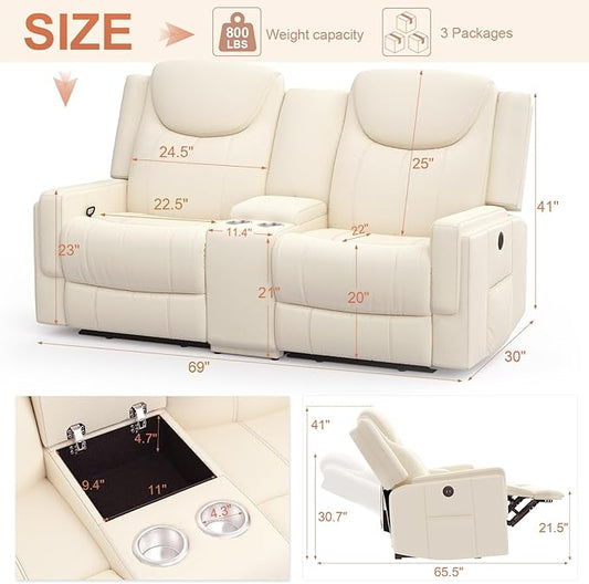 Loveseat Recliner Sofa, Beige PU Leather Double Recliner Loveseat with Console, Cup Holders, Storage & USB Ports, Ergonomics,Manual Reclining Sofa Couch for Living Room, RV