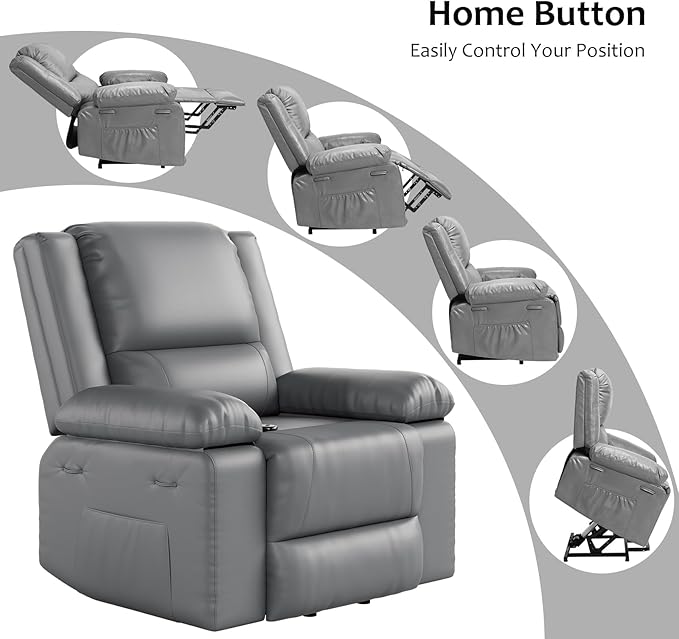 PU Leather Electric Power Lift Chair, Recliner Massage Chair with Remote Control and Side Pocket for Elderly, Power Lift Recliner Sofa with Heat and Massage for Living Room, Bedroom, Gray
