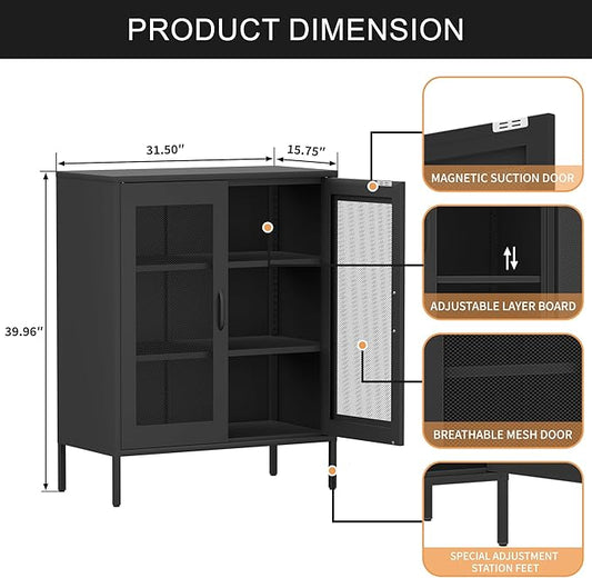 Black Metal Storage Cabinet with Mesh Doors, Small Office Storage Locker with 2 Adjustable Shelves, Accent Metal Locker Cabinet for Home, Office, Living Room, Hallway