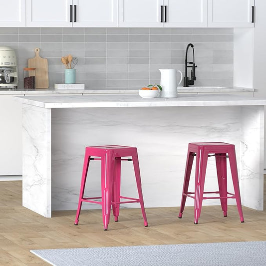 Vogue Furniture Direct 24 Inch Metal Bar Stools, Backless Counter Height Barstools, Indoor Outdoor Stackable Stools with Square Seat, Set of 2 (Hot Pink)
